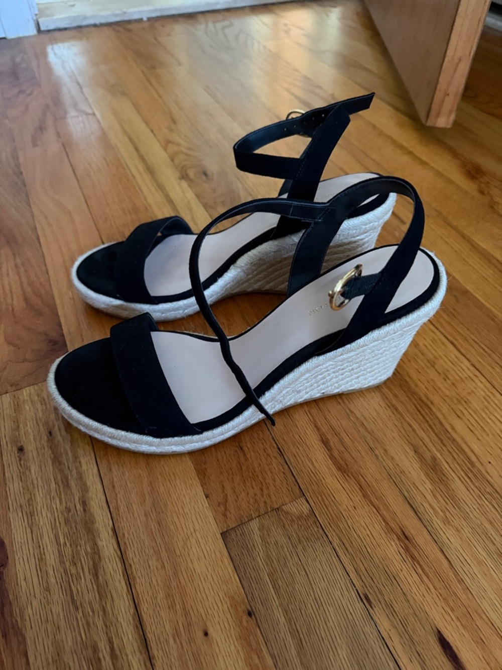Stuart Weitzman Black Espadrille Wedge Sandals with Ankle Wrap